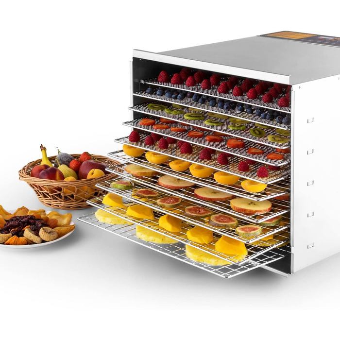 Сушарка Klarstein Fruit Jerky 14 для фруктів, овочів і м'яса, 1000 Вт, 14 лотків, 1,8 м², регулювання до 70°C, таймер, чорна
