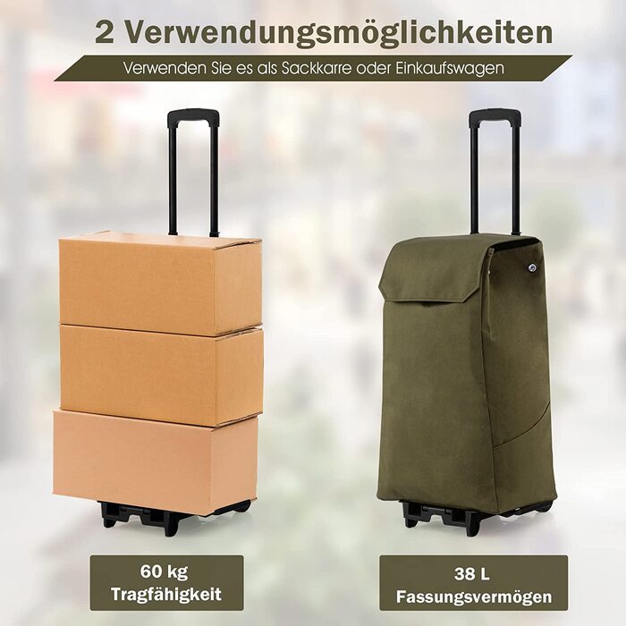 Кошик-тележка COSTWAY 2 в 1, 38 л, висота регулюється, 2 колеса, зелений, до 60 кг, з бічними кишенями та відділенням на блискавці