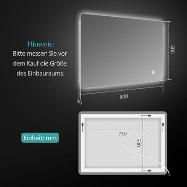 Дзеркало для ванної кімнати EMKE з підсвічуванням 80x60 см, сенсорне, проти запотівання, регулювання яскравості, функція пам'яті, холодний білий 6500K, енергозберігаюче