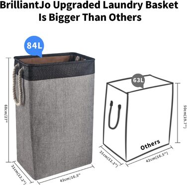 Великий складний кошик для білизни BrilliantJo 84 л, з мотузяними ручками, контейнер для зберігання, чорний + сірий, для спальні, ванної, пральні, 68x42x31 см