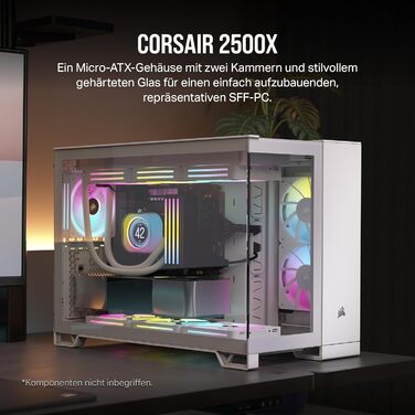 Корпус для ПК CORSAIR 2500X mATX, скло, білий, подвійна камера, сумісний з реверсивним підключенням материнської плати, без вентиляторів