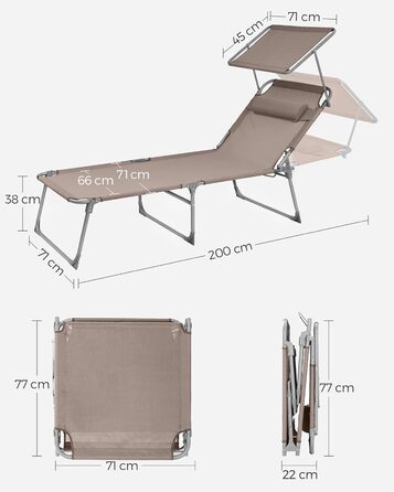 Лежак для відпочинку SONGMICS, великий, розкладний, 200 x 71 x 38 см, вантажопідйомність 150 кг, з сонцезахисною капелюхом та регульованою спинкою, для саду, басейну, тераси, темно-сірий (Taupe)
