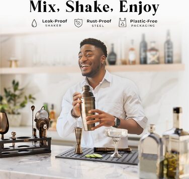 Набір для коктейлів BARE BARREL Mixology Barkeeper-Set, 16 предметів, з коблер-шейкером 24oz, аксесуарами для бару та картками рецептів, латунь/чорний