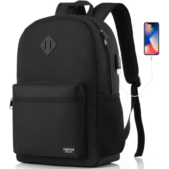 Рюкзак YAMTION для ноутбука 15.6'' з USB, чорний, універсальний для школи, підлітків, чоловіків і жінок, для навчання, роботи та подорожей