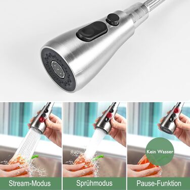 Змішувач для кухні Cieex висувний, високого тиску, поворотний на 360°, з душем 3 режими, нержавіюча сталь, сріблястий