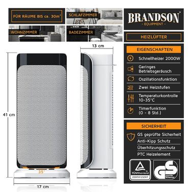 Обігрівач Brandson з пультом керування: керамічний, для ванної кімнати, енергозберігаючий, тихий, з осциляцією, 2 режими, таймер, сертифікат GS