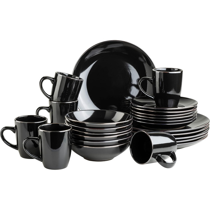 Сучасний набір посуду на 6 осіб, 24 предмети, чорний, із золотистим обідком, купе-форма