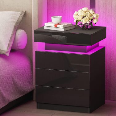 Сучасна тумба приліжкова HaodaCulture з LED-підсвіткою, 2 шухляди, чорна, 16 кольорів, для спальні, вітальні, робочого кабінету, 45x35x52 см, з відкидною кришкою