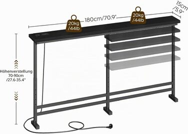 Консольний стіл YATINEY вузький у передпокій та вітальню, 180 см, з USB та Type-C роз'ємами, вінтажний коричневий з чорним (180x15x70-90 см)