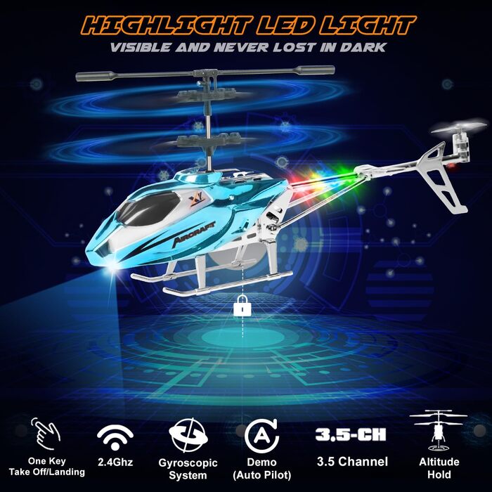 Радіокерований вертоліт Hubschrauber 2.4G з LED підсвіткою для хлопчиків та дорослих (від 12 років), 3.5 канали, гіростабілізатор, фіксована висота, автоматичний зліт, блакитний