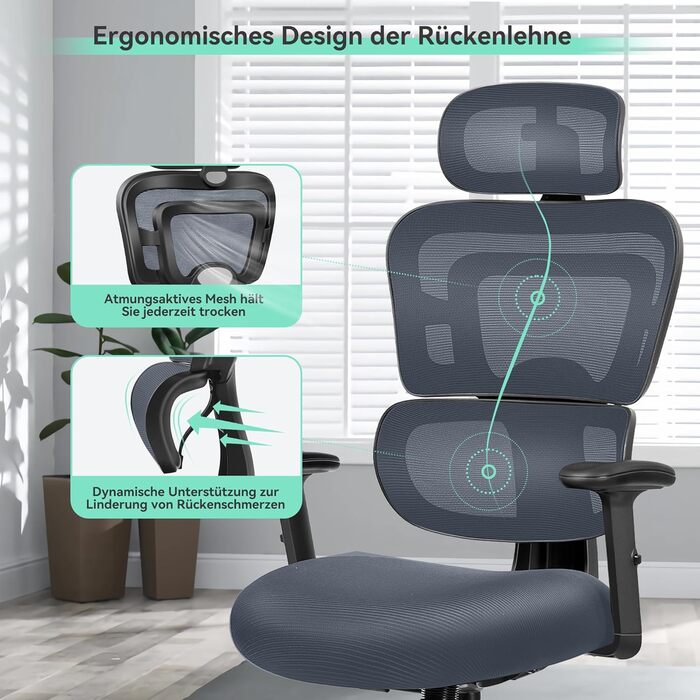 Ергономічне офісне крісло DoChair з 3D підголівником, регульованими підлокітниками та висотою сидіння, динамічною спинкою, світло-блакитне