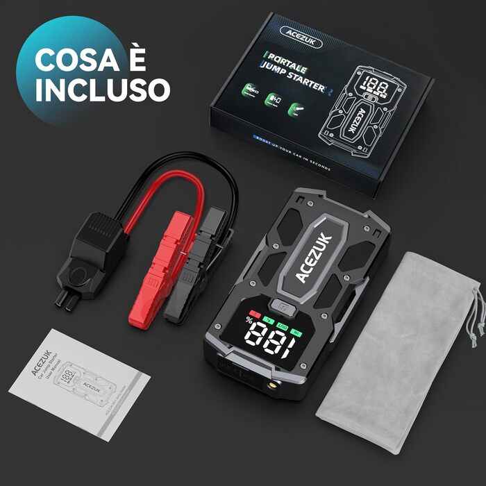 Бустер автомобільного акумулятора ACEZUK 4000A 12V — Пусковий пристрій (Jump Starter) для авто, SUV, мотоциклів та газонокосарок (до 7.0L бензин / 5.5L дизель) з LED-ліхтарем та цифровим дисплеєм