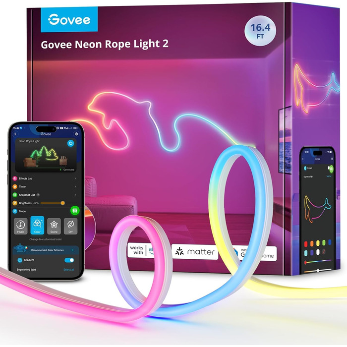 Гнучка неонова LED-стрічка Govee Neon Rope Light 2, RGBIC підсвітка для DIY дизайну, біла, 3м
