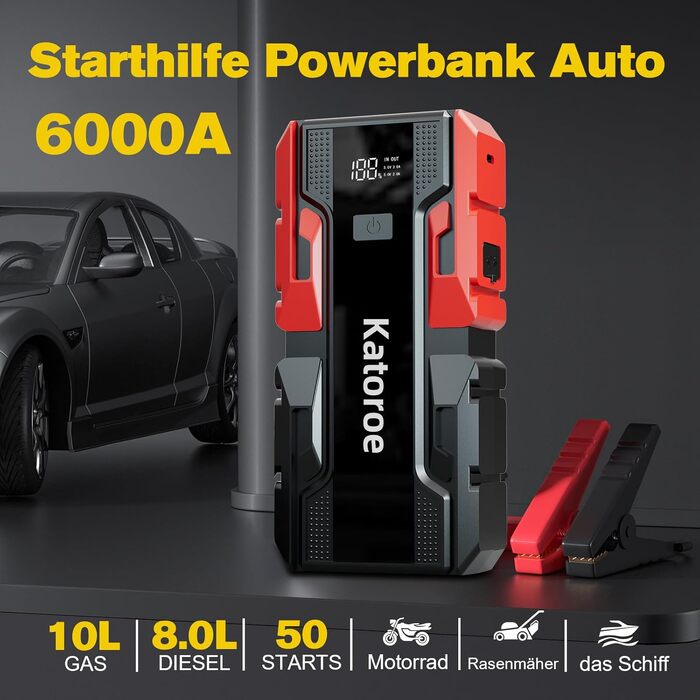 Бустерний пускач автомобіля 6000A з компресором 150 PSI, Powerbank для авто 12V (бензин до 10L, дизель до 8L), з LED-ліхтарем та дисплеєм, червоний