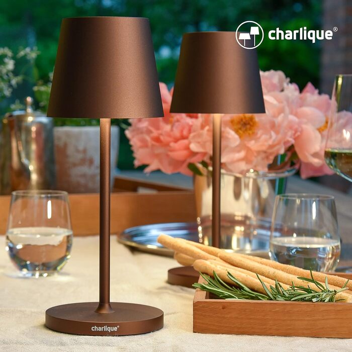 Світильник charlique® LED акумуляторний настільний міні (коричневий), 28 см – бездротова лампа з USB, тепле світло, для дому та вулиці, водостійка для балкона, тераси й саду