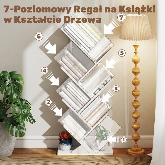 Вузька підлогова книжкова полиця-дерево на 7 рівнів для офісу, рустикальний білий