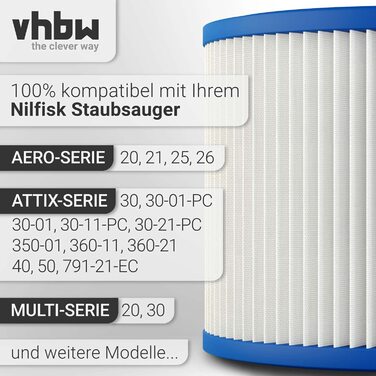 Фільтр гармошковий vhbw для пилососів Nilfisk AERO, ATTIX, MULTI, сумісний із моделями 20, 21, 25, 26, 30, 30-01 PC, 30-11 PC, 30-21 PC, 40, 50, 20, 30 промисловий