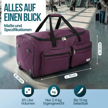 Дорожня сумка на колесах MONZANA XL 85л з телескопічною ручкою, м'який дорожній багаж, фіолетова (70x36x34 см)