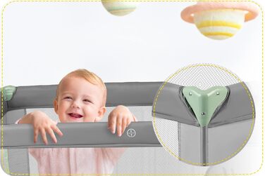 Дитяче ліжечко-манеж Ricokids, складне, з матрацом, 125x65x78 см, 15 кг, дві колеса з гальмами, знімний бічний вхід, сумка, світло-сірий та м'ятний колір