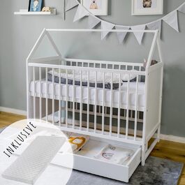 Дитяче ліжечко Kids Collective 60x120 см з матрацом і шухлядою, біле, дерев'яне, трансформер, регульоване дно, для немовлят