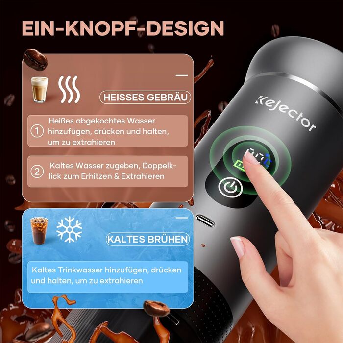 Портативна кавомашина Espresso Kejector з акумулятором: для дому, в подорожах, в авто. 3-в-1: кава, еспресо, капсули. Digital display, металевий сірий.