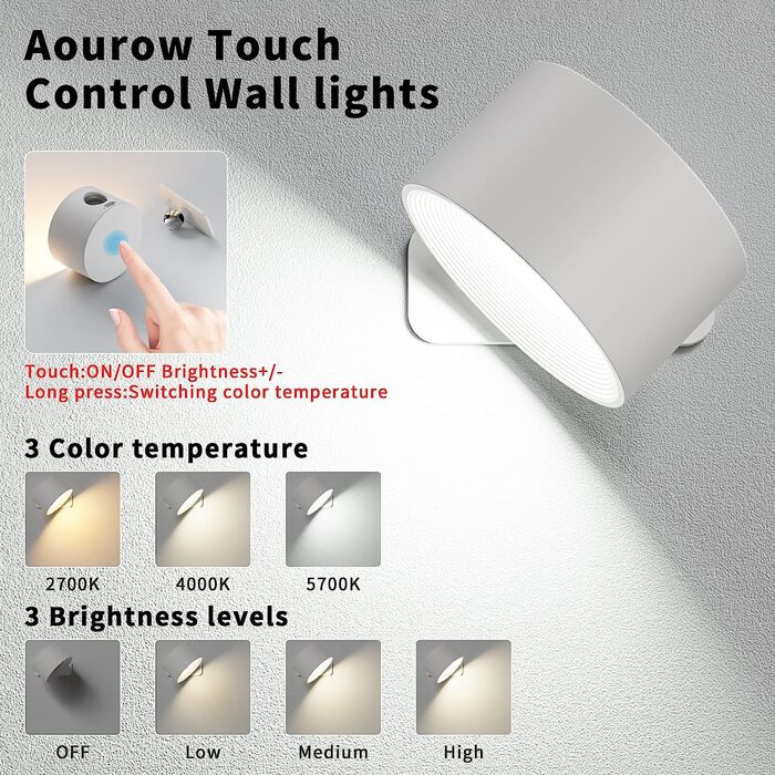Aourow LED настінний світильник на батареї, акумуляторний, з USB-зарядкою, сенсорним керуванням, 3 режимами світла і яскравості, бездротова лампа для читання в спальні, білий