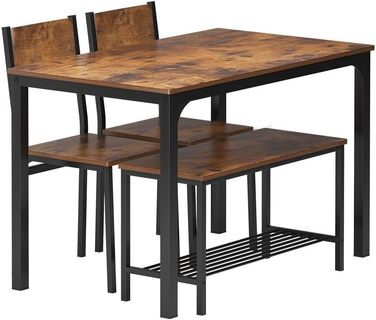 Обідній гарнітур sogesfurniture 4 предмети: стіл 110×70×76 см, 2 стільці, лавка, металевий каркас, прямокутний кухонний стіл з полицею для вітальні, їдальні, вінтажний коричневий