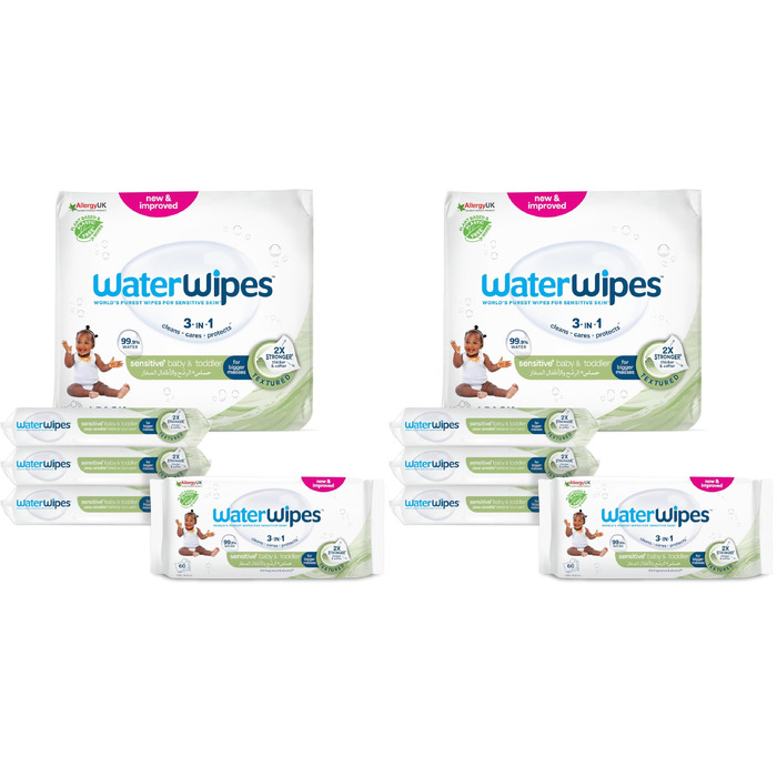 Дитячі вологі серветки WaterWipes Sensitive+ для немовлят та дітей, 99,9% води, 240 шт (12 пачок по 20 шт)