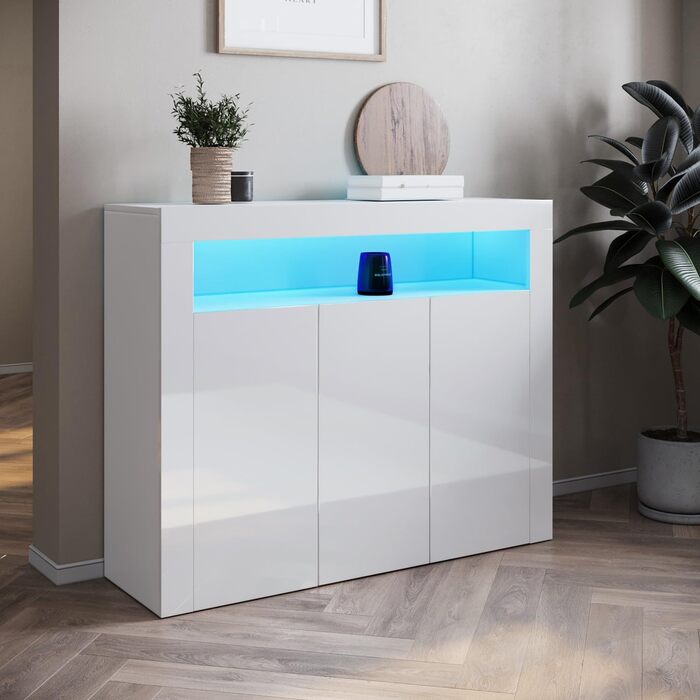 SONNI Комод для кухні з LED-підсвіткою 12 кольорів, чорний глянцевий шафа для зберігання, 90x35x83 см, 1 дверцята, для кухні та вітальні