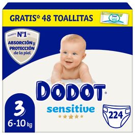 Дитячі підгузки Dodot Sensitive, розмір 3 (6-10 кг), 224 шт. + 40 вологих серветок, гіпоалергенні, без пластику, блакитний колір, місячний запас