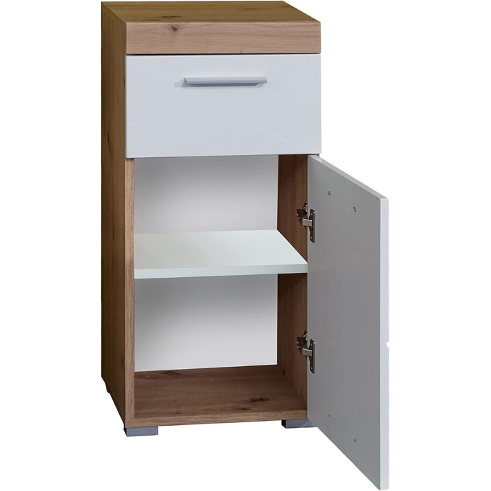 Комод для ванної trendteam Amanda, білий глянець/дуб, 37x79x31 см, 1 дверцята, 1 шухляда, сучасний дизайн