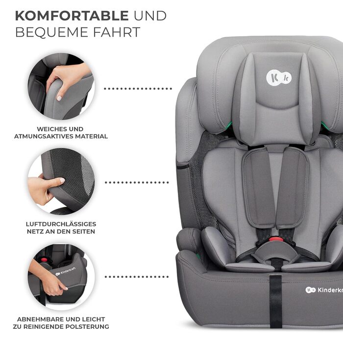 Дитяче автокрісло Kinderkraft COMFORT UP i-Size 76-150 см, сіре, 5-точковий ремінь, регульований підголівник, стандарт ECE R129/03