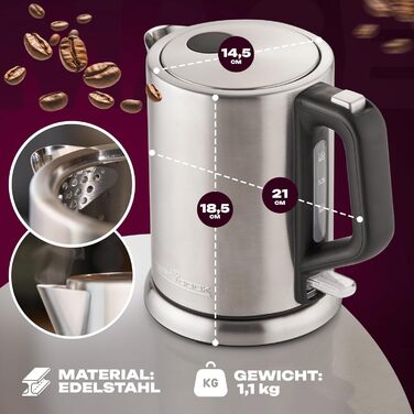 Електрочайник ProfiCook 1 л, нержавійка, 2200 Вт, компактний, BPA-free, одноручне керування, індикатор рівня води, модель PC-WKS 1106