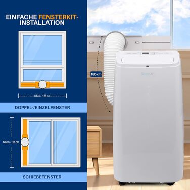 Мобільний кондиціонер SereneLife 3-в-1 з трубкою, 12 000 BTU, осушувач і вентилятор, для приміщень до 25 м², з пультом, видаляє 1,8 л вологи/год, білий