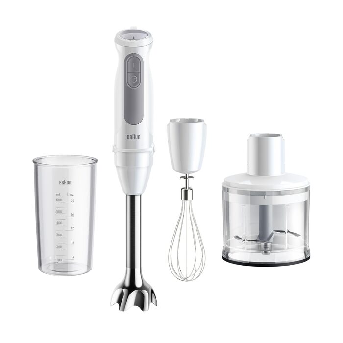Блендер занурювальний Braun MultiQuick 5 MQ 50236 (білий, 2024) - 1000 Вт, 21 швидкість, нержавіюча сталь, насадки, SplashControl