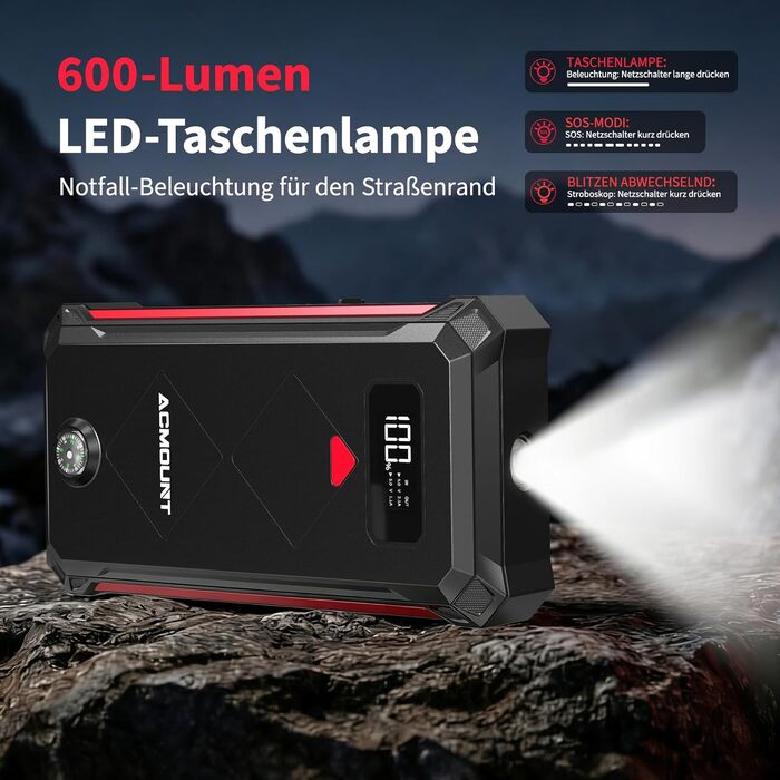 Бустер-пусковий пристрій Acmount P110 7000A Jump Starter для авто, SUV, мотоциклів та газонокосарок (бензин до 12л, дизель до 10л) з LED-ліхтарем, компасом та аварійним молотком, червоний
