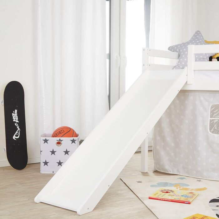 Дитяче ліжко-горище Homestyle4u 90x200 з гіркою, масивна сосна, біле, з ламелями, ігрове ліжко для підлітків