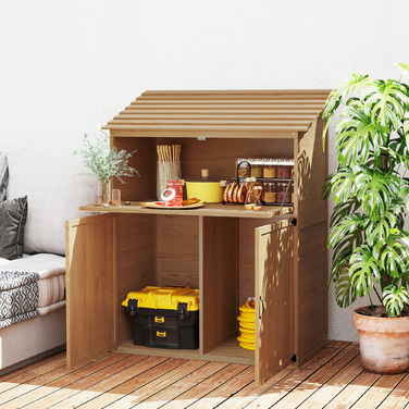 Outsunny Garden Шафа з дерева, Садовий сарай зі ступінчастою односхилим дахом, Складаний стіл з подвійними дверима 110 x 54 x 136 см, Атмосферостійка садова шафа, Садовий сарай Садовий сарай для саду, тераса, натуральне дерево