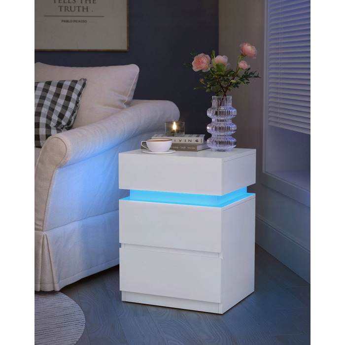 Приліжкова тумба Songmics біла, 3 шухляди, з LED-підсвіткою