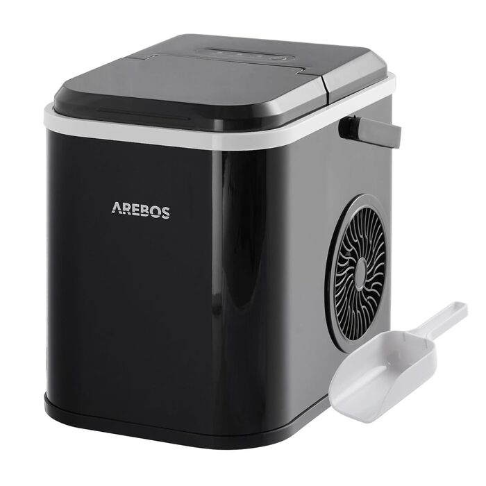 Машина для приготування льоду Arebos 12 кг/24 год | Чорна | З самоочищенням, тихою роботою та вікном для контролю рівня льоду
