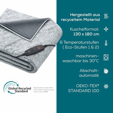 Електрична грілка-ковдра Beurer HD 75 Nordic Grey Green Planet, з переробленого матеріалу, 6 температурних режимів, м'яка, автоматичне вимкнення, 180x130 см