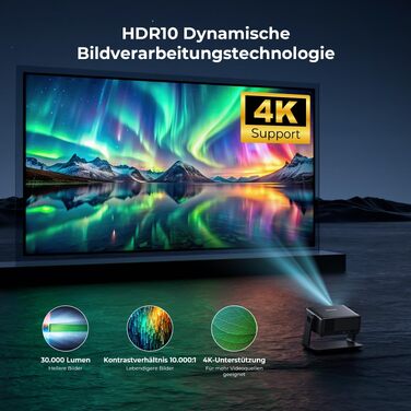 Проектор Beamer 4K 1080P, 28000 Люмен, Wi-Fi 6, Bluetooth, Автофокус, 4D Keystone, Netflix, для Дому/На Відкритому Повітрі, Чорний
