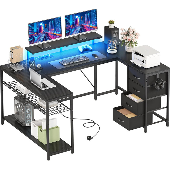 Кутовий письмовий стіл YITAHOME з 4 шухлядами, LED-підсвіткою та USB, 158x100 см - для геймінгу та домашнього офісу, чорний