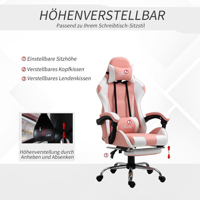 Ігрове крісло Vinsetto Ergonomic Gaming — ергономічний офісний стілець з підголівником, рожевий