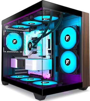 Ігровий корпус для ПК FOIFKIN M3, ATX Mid-Tower, чорний, з дерев'яною передньою панеллю з горіха, 3 встановлені ARGB PWM вентилятори, панорамне скло 270°, USB Type-C