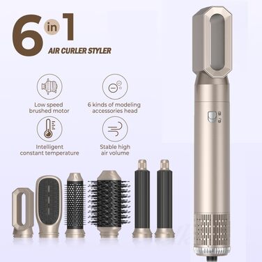 Airstyler 6 в 1 Gold 1000W: Фен-щітка, плойка, випрямляч для волосся – професійний набір для укладки