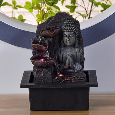Джерело Zen'Light Zimmerbrunnen з Буддою та LED-підсвіткою - Сучасна декор для медитації та релаксації, Фен-Шуй, 26 см, горіх