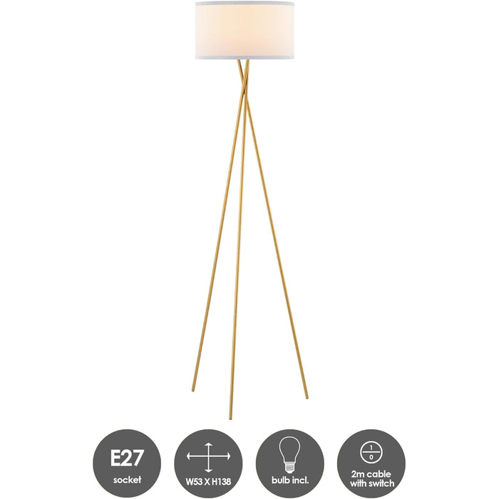 Сучасна торшерна лампа Home Sweet Home, золота, метал, LED E27 9Вт 2700K, тринога, білий абажур, для вітальні та спальні