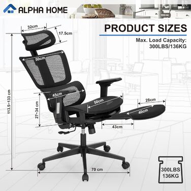 Ергономічне офісне крісло ALPHA HOME з підніжкою, регульованим підголівником і 3D підлокітниками, дихаючий комп'ютерний стілець для керівника, висока спинка, вантажопідйомність до 160 кг, чорний