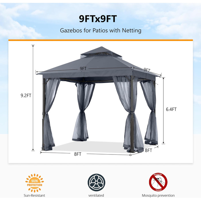 Павільйон садовий ABCCANOPY 2.5x2.5м водонепроникний, з сіткою, зимостійкий, сірий - для вечірок та захисту від сонця та дощу